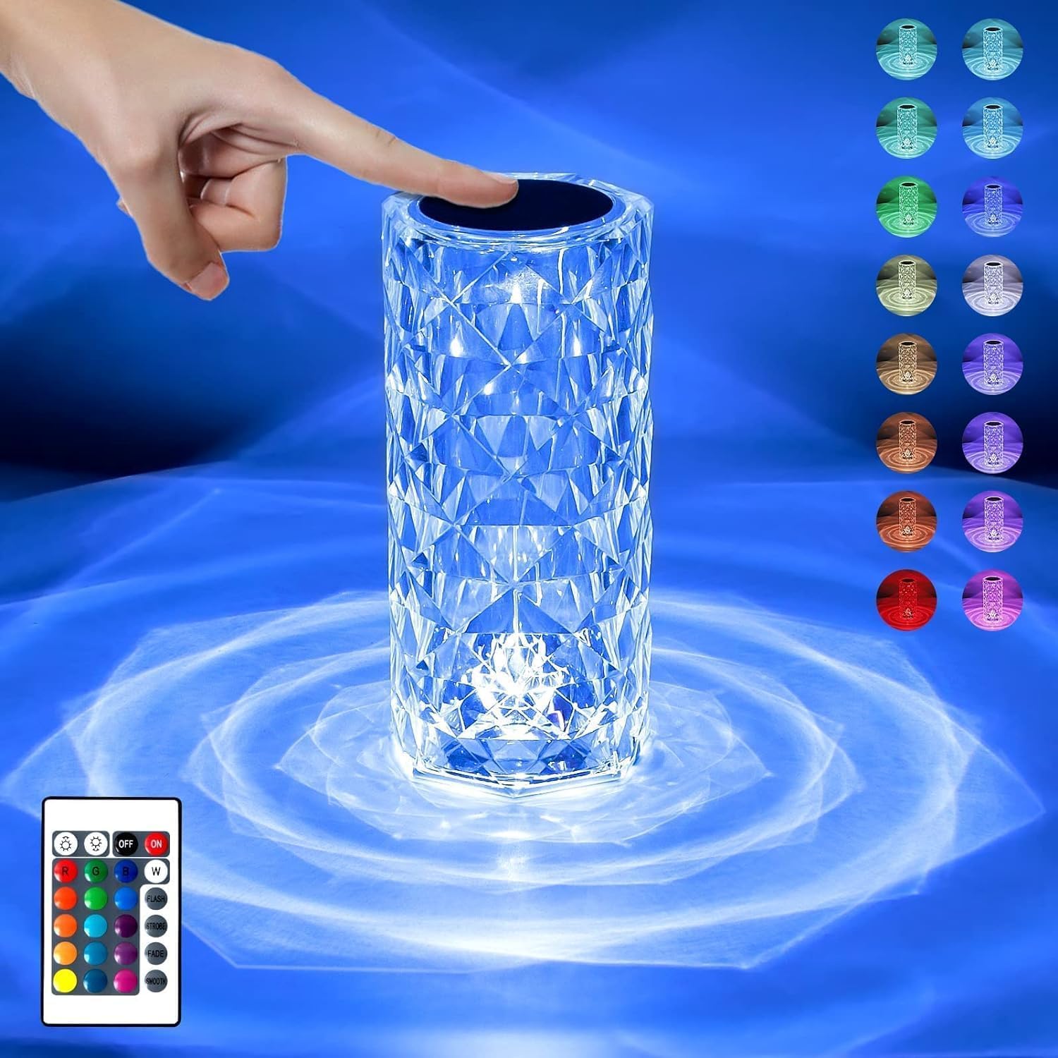 Crystal Diamond Table Lamp with 16 Colour Lights with Remote Control, USB Recharge.